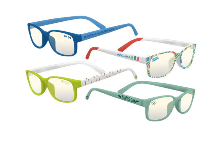 Four different custom imprinted and logo examples of blue light filtering glasses to protect eyes that are spending significant time working online looking at a computer screens or any device.