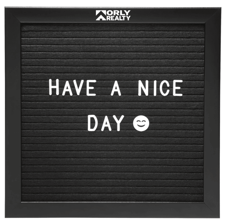 Black Felt board with custom company imprint at top boarder in white.  White letters in two rows on the black felt that say - Have a nice day - smiling emoji face.