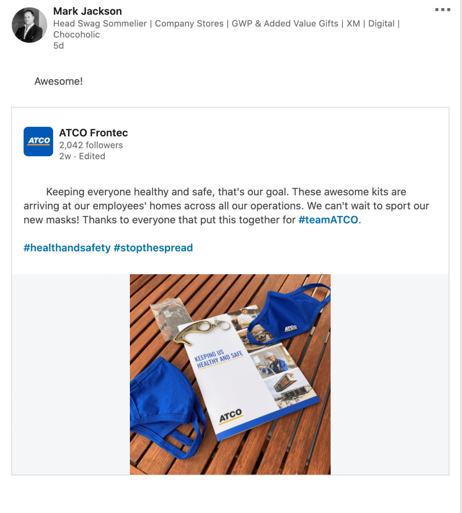 A LinkedIn post showing a employee swag box to keep them safe in a pandemic with a PPE facemask and touchless keychain.