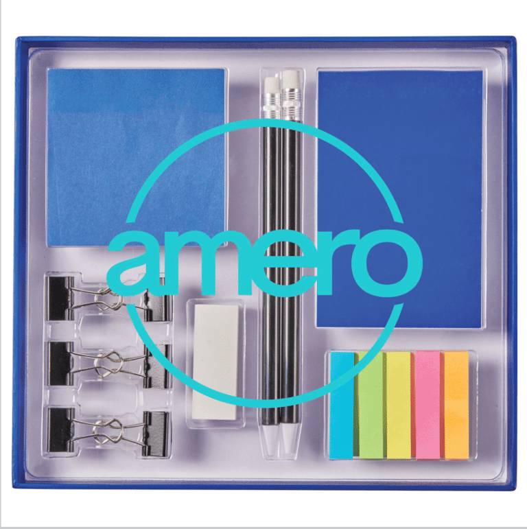Office supply kit for new hires that contains one mechanical pencil, one ballpoint pen, one eraser, one colour matching notepad and sticker set and one small sticky flag set in five colours. All are in a clear top plastic case. 