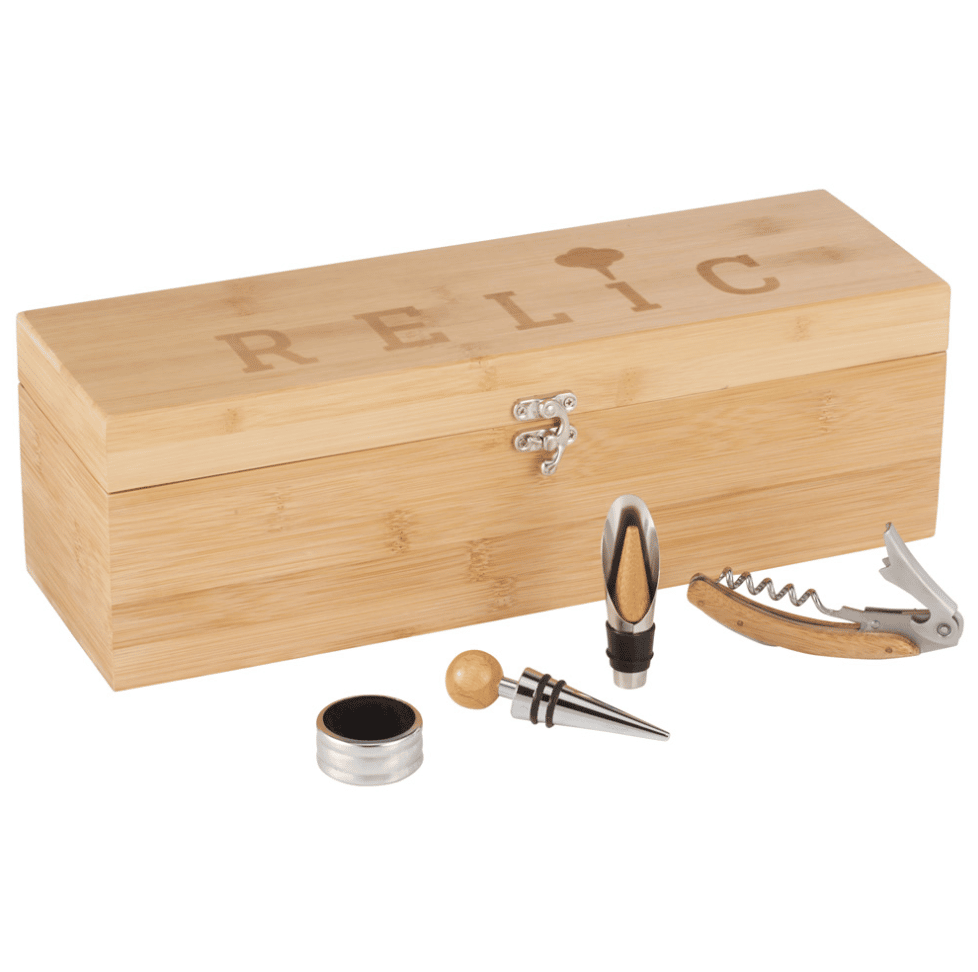 A corporate branded bamboo wine case with tools including - wine opener, pour spout, stopper and neck ring.