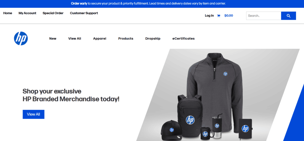 HP's swag store homepage.