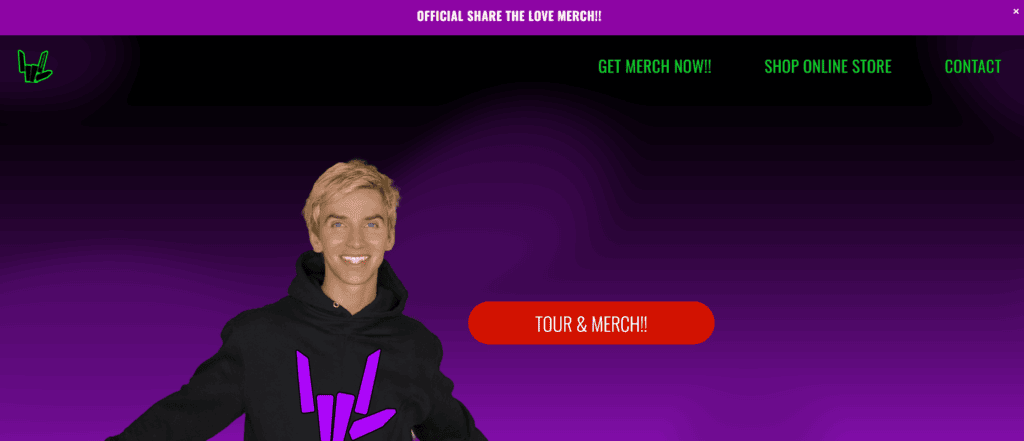 Stephen Sharer's swag store homepage.