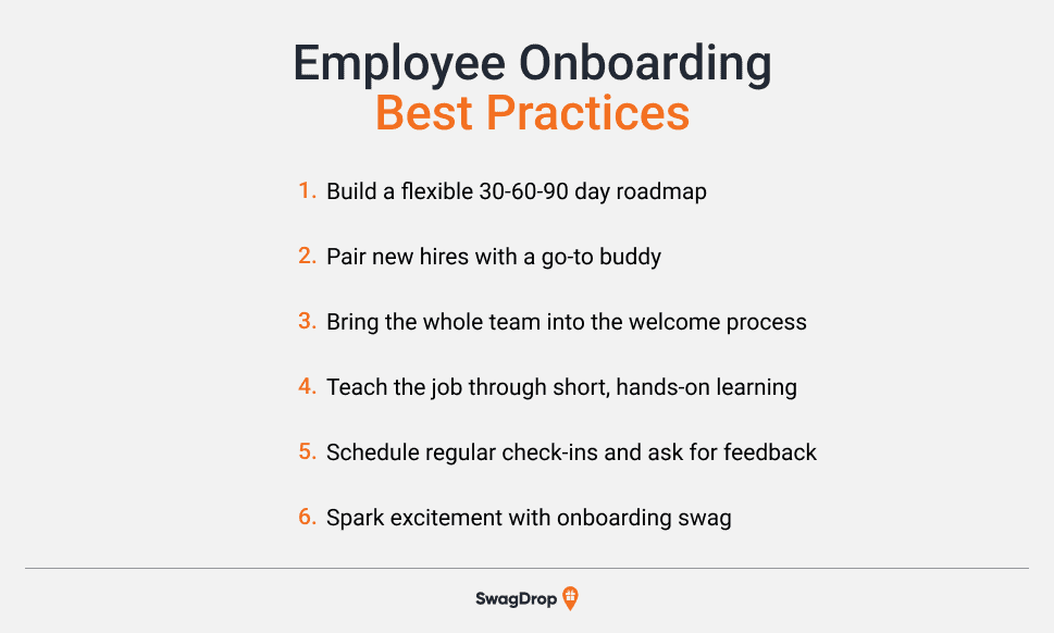 A graphic listing six employee onboarding best practices.