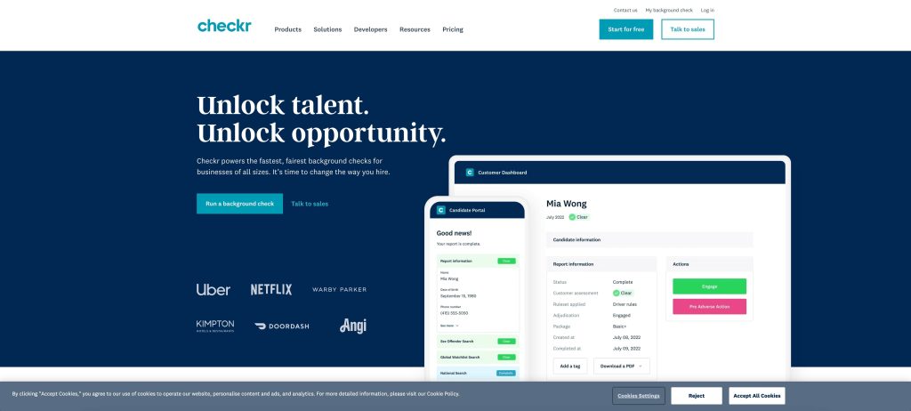 Screenshot from the homepage of the Checkr background-check site
