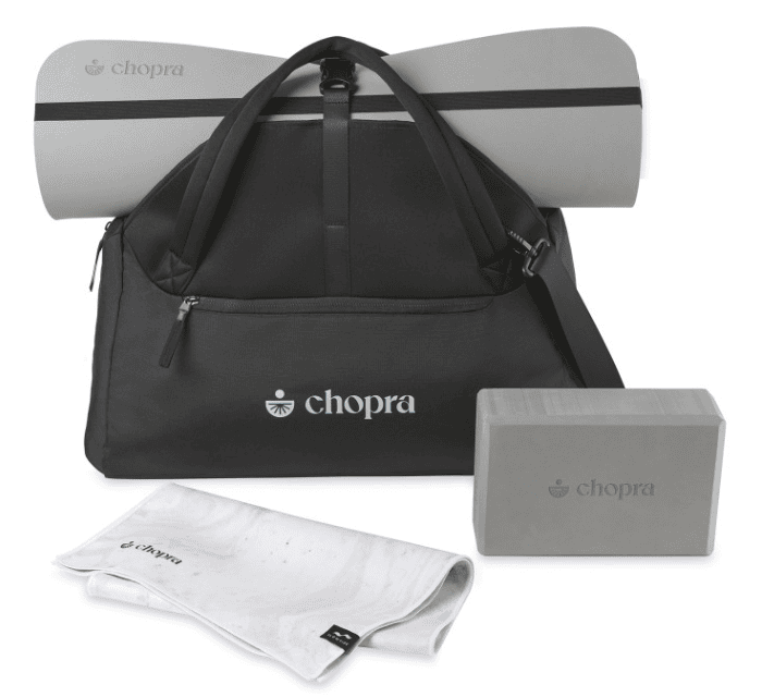SwagDrop Home Studio Set, including a yoga mat and block, a fitness towel, and a duffel bag for storing and carrying all yoga essentials.