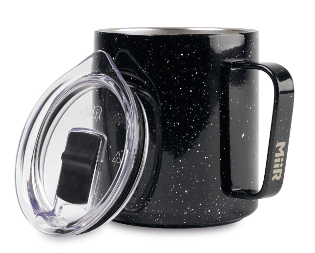 SwagDrop MiiR Vacuum Insulated Camp Cup, in black, keeping drinks hot for hours, great for office or outdoor adventures.