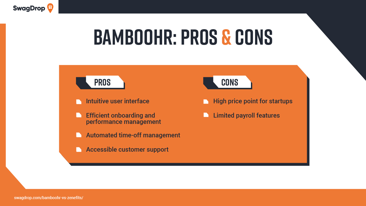 A graphic that shows the pros and cons of using BambooHR for HR management, payroll, employee benefits, and more.