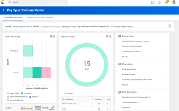 A screenshot of Workday HCM's payroll tool for global workforce management.