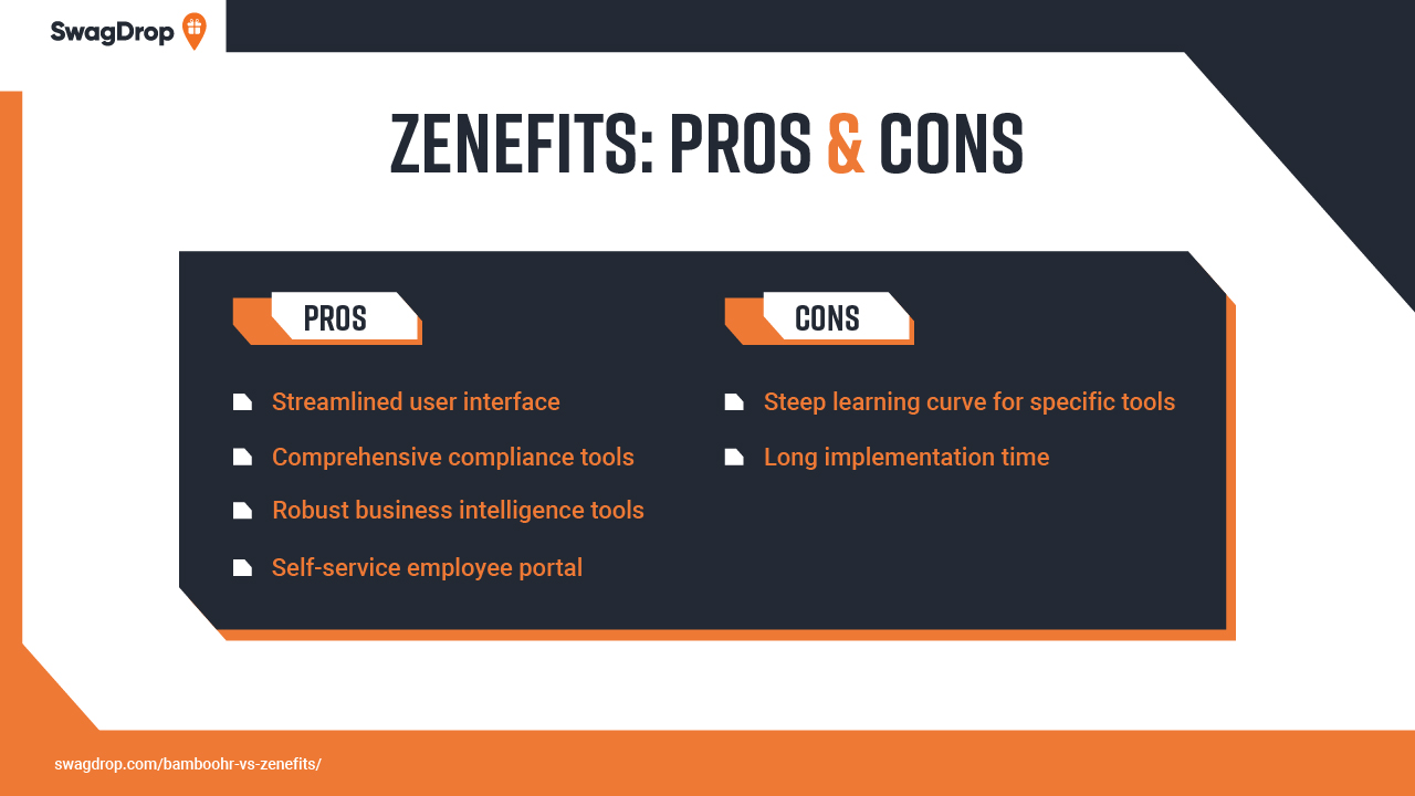 A graphic that shows the pros and cons of using Zenefits for onboarding, payroll, employee benefits, PTO, and more.