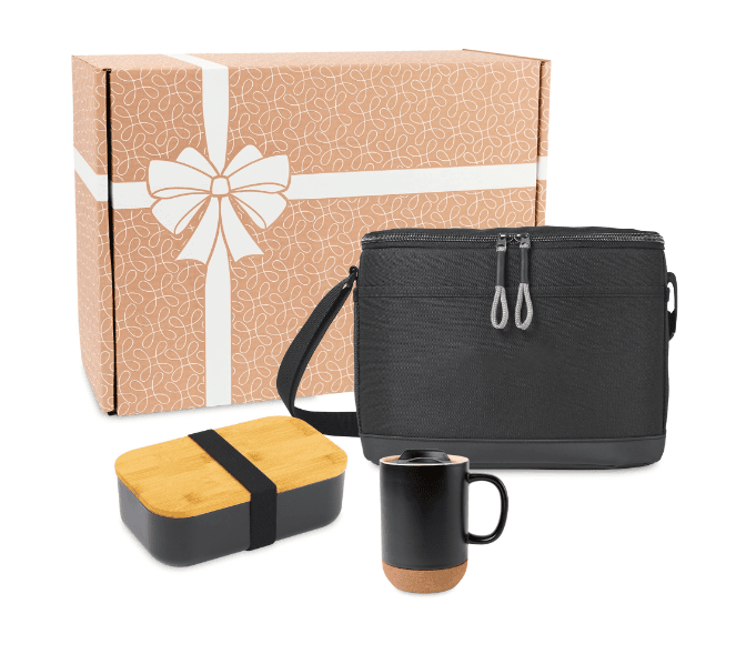 SwagDrop Welcome to the Team Gift Set, featuring a lunch cooler, a reusable lunch box with a bamboo lid, and a ceramic mug, ideal for healthy office lunches.