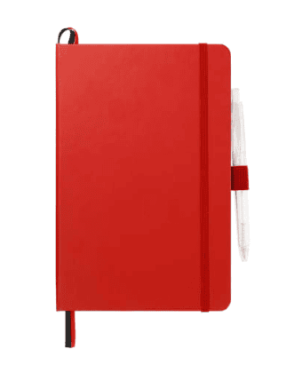 Screenshot of a red notebook with pen.