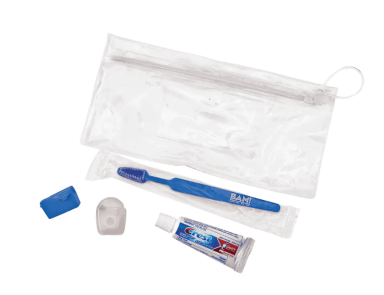 A zippered plastic bag, a toothbrush, a toothpaste, and two small containers.