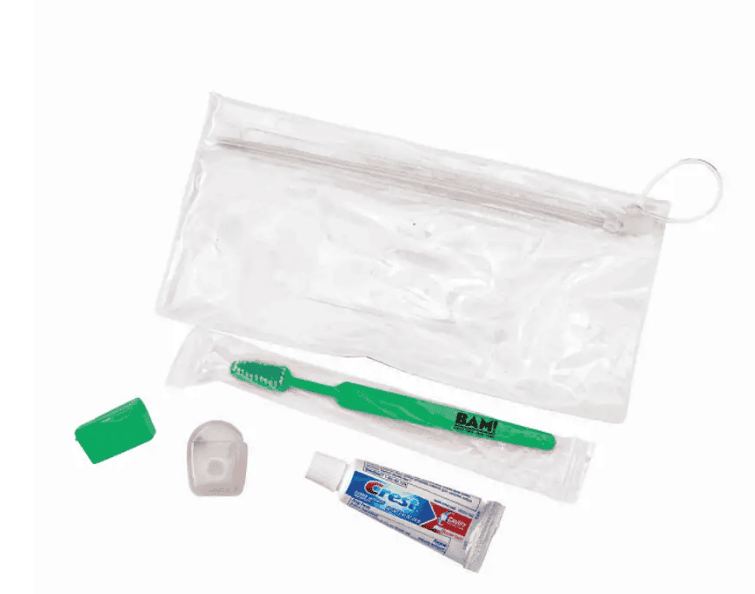 A zippered plastic bag, a toothbrush, a toothpaste, and two small containers.