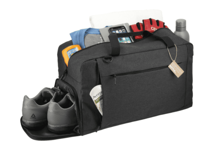 Screenshot of a duffel full of essentials and a pair of shoes.