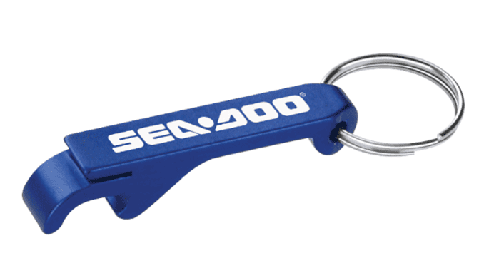 A blue bottle opener with an attached keychain.