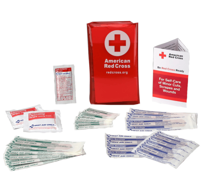 A red case, a leaflet and first aid essentials.