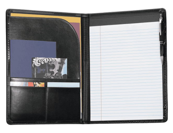 A padfolio with a notepad, a pan and documents inside.