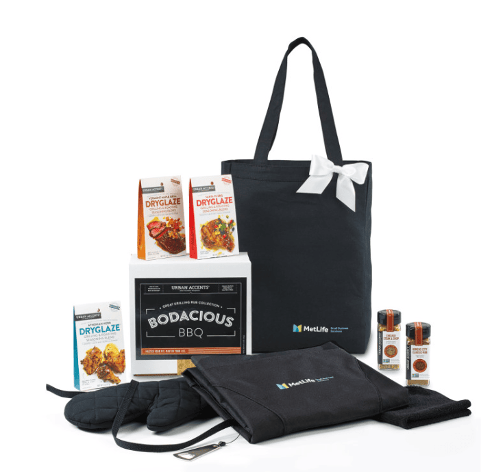 Screenshot of a tote bag, BBQ seasonings, an apron and an oven mitt.