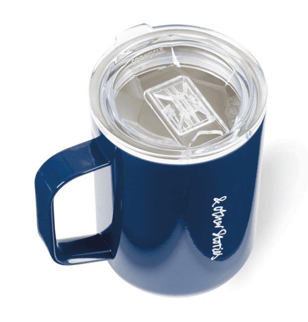 A blue mug with a lid.