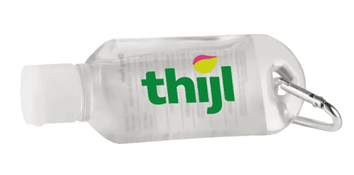 A plastic bottle with an attached carabiner.