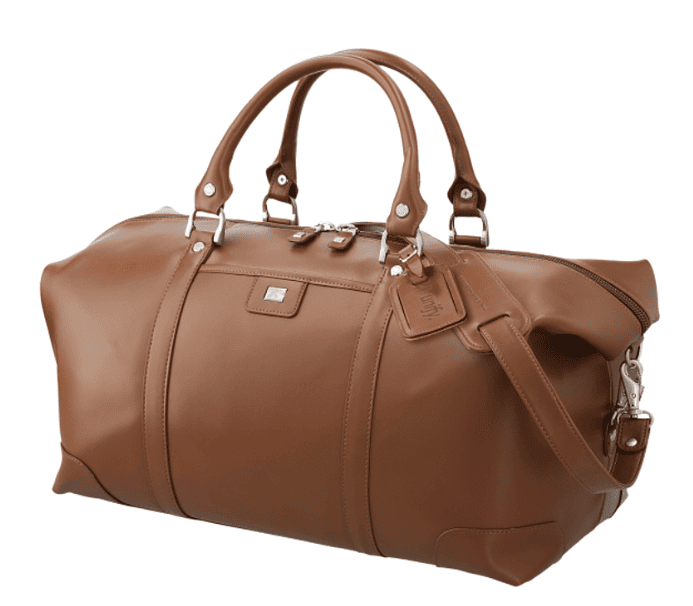 A leather duffle bag.