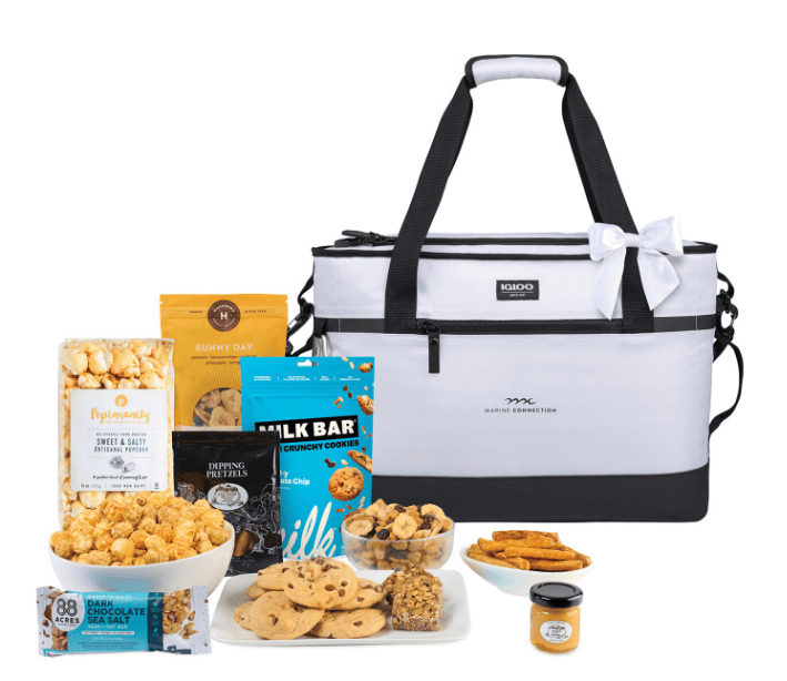 A cooler and lots of sweet and salty treats.