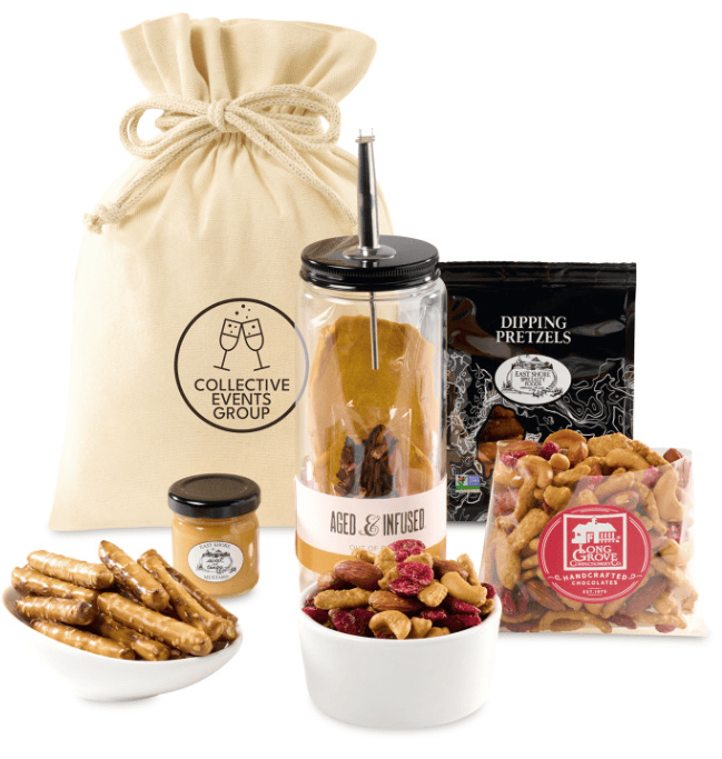 A pouch, a tall glass with a straw, and salty treats.