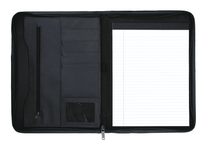 A black padfolio with a writing pad inside.