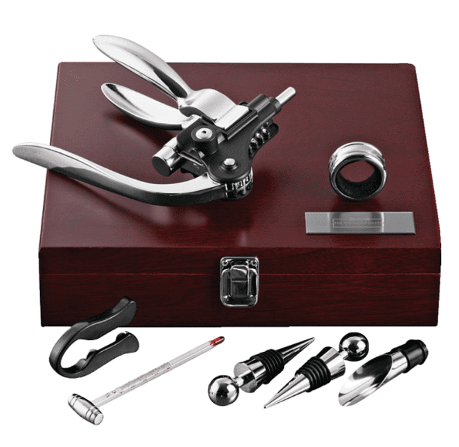 A wood case and a lot of wine tools.