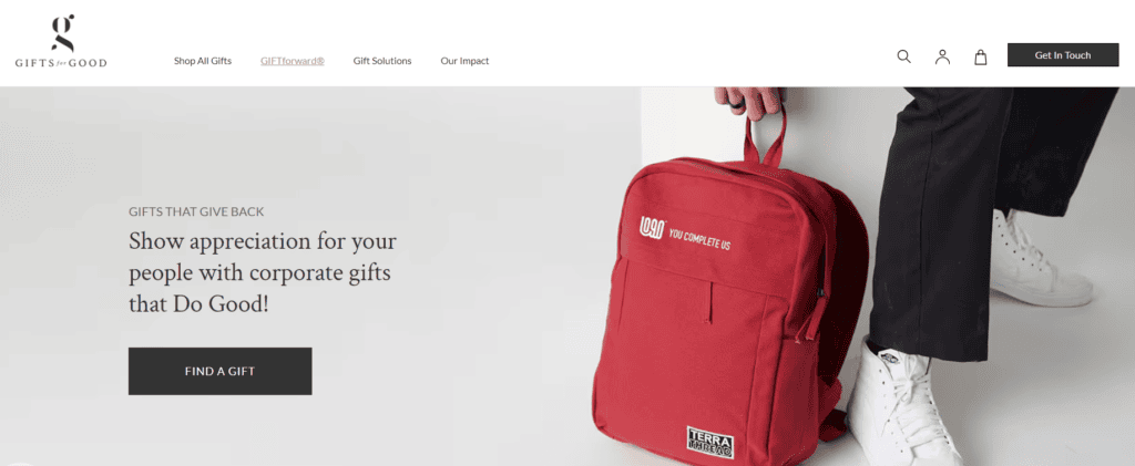 Screenshot of the Gifts for Good homepage.