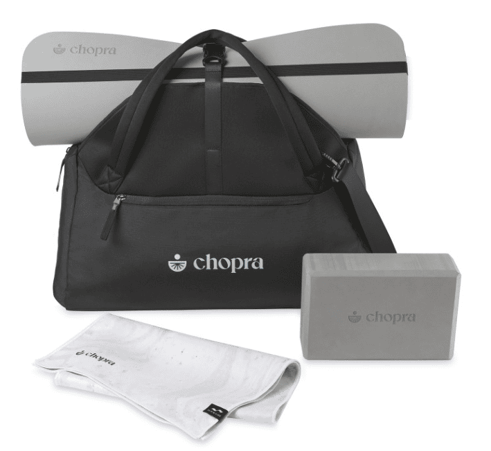 Screenshot of a yoga mat, a yoga block, a towel and a bag.