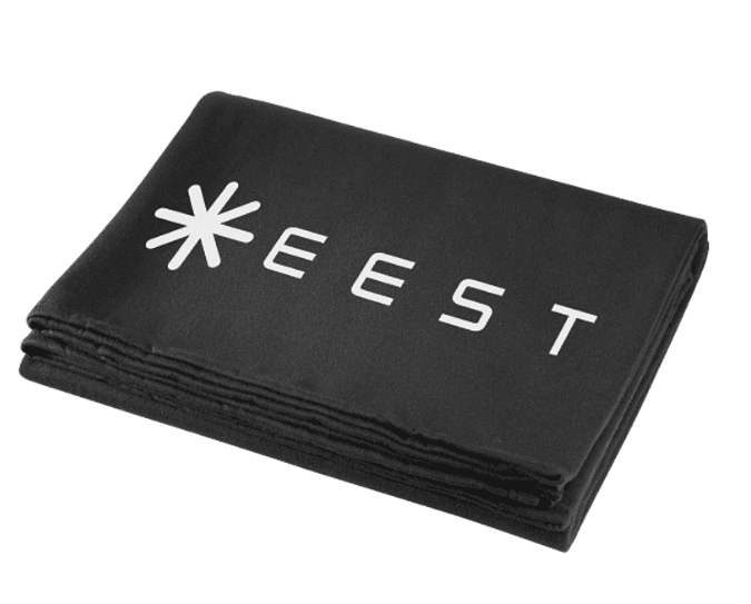 A branded black blanket.