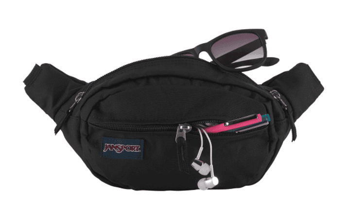 A black fanny pack with earbuds, pens and sunglasses sticking out of it.