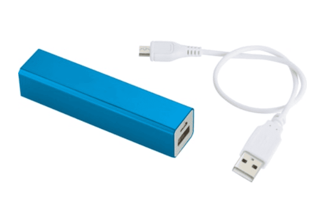 A blue power bank and a white cable.