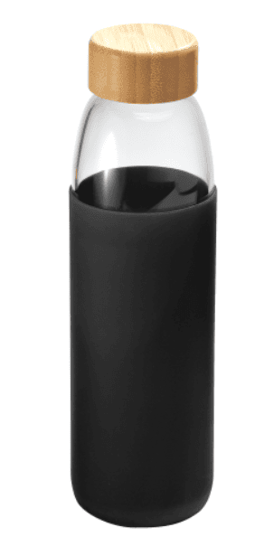 A water bottle with a black silicone sleeve.