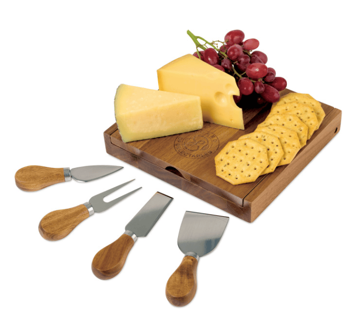 SwagDrop La Cuisine Cheese Board with Serving Set, including an Acacia wood cheese board with four serving tools, ideal for elegant entertaining and holiday gatherings.