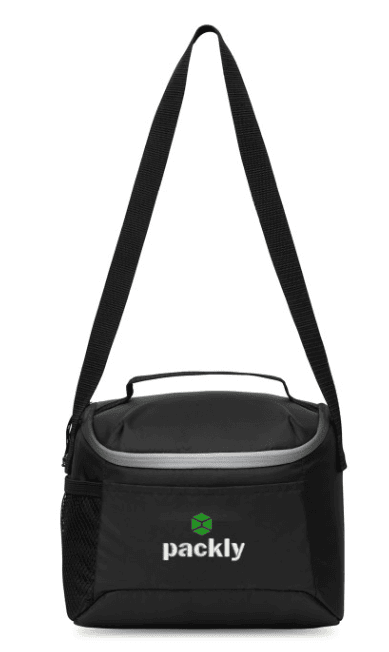 A black cooler with a long shoulder strap.