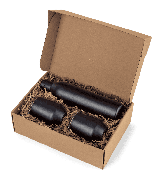 A gift box with an insulated water bottle and two tumblers inside.