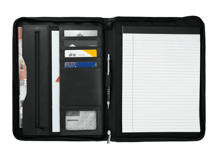 Screenshot of a padfolio with office essentials inside.