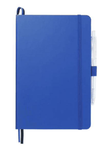 A blue notebook with a pen.