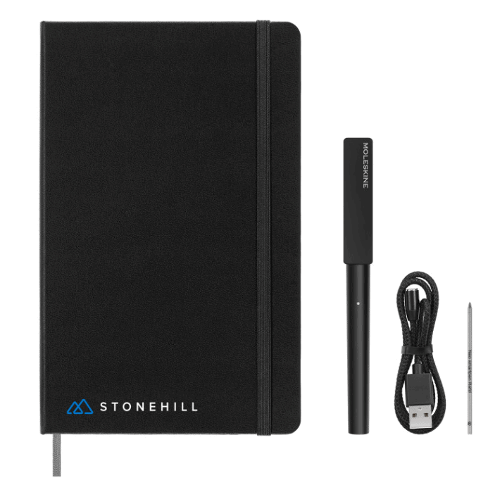Screenshot of a black notebook, pen and cable.