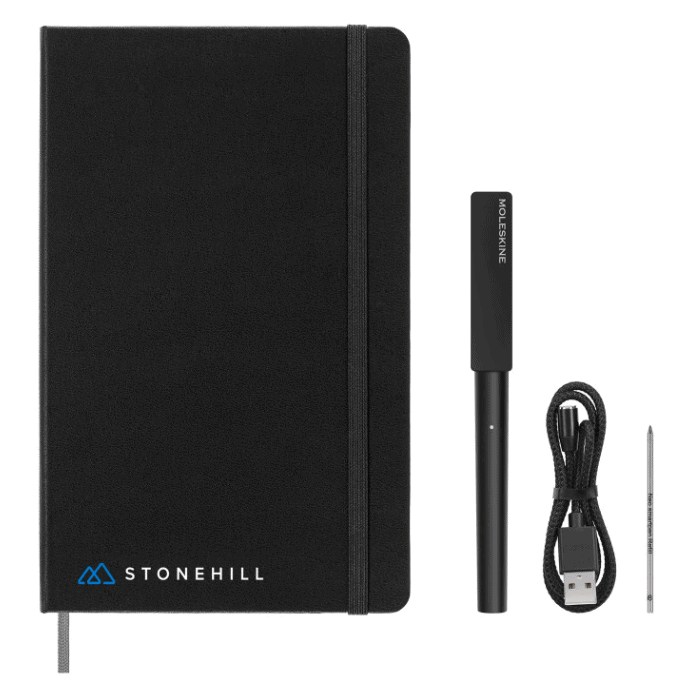 A notebook, a pen, and a cable.