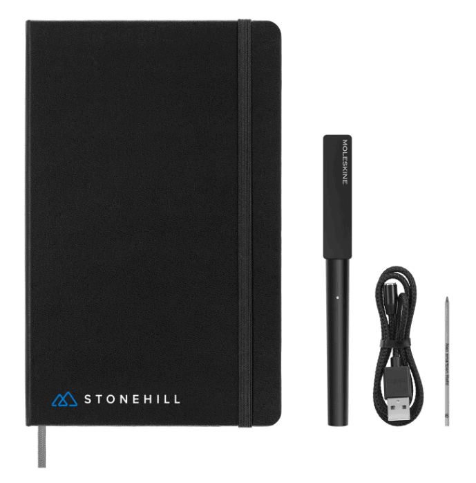 A black notebook, a pen, and a cable.