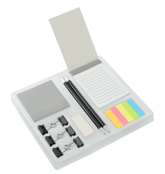 A box including a notepad, pencils, sticky flags and paper clips.