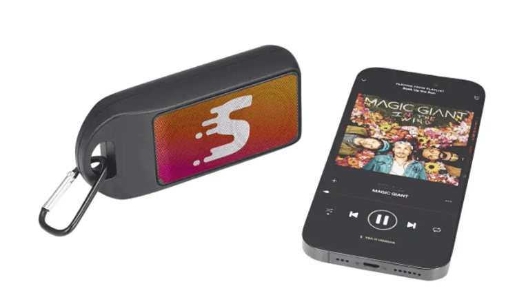 A small Bluetooth speaker and a phone.