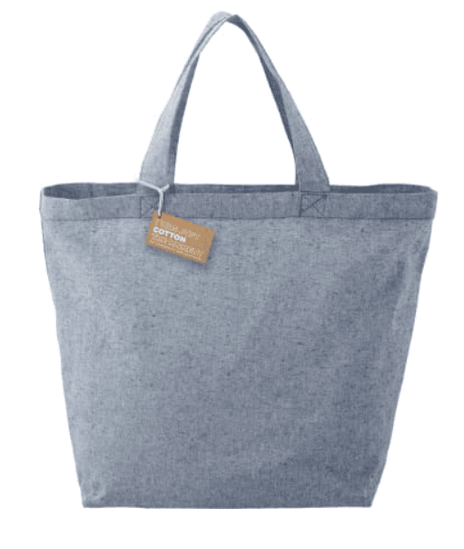 SwagDrop Recycled 5oz Cotton Twill Grocery Tote in blue, with sturdy handles, minimal stitching details, and a smooth, eco-friendly finish.