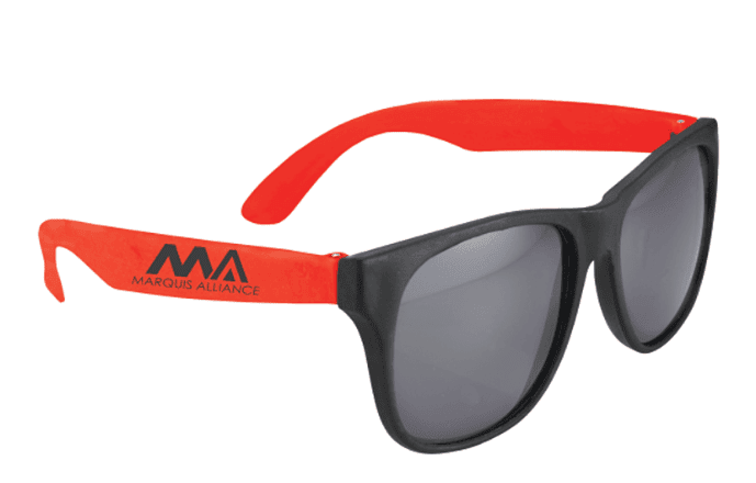 A pair of red and black sunglasses.
