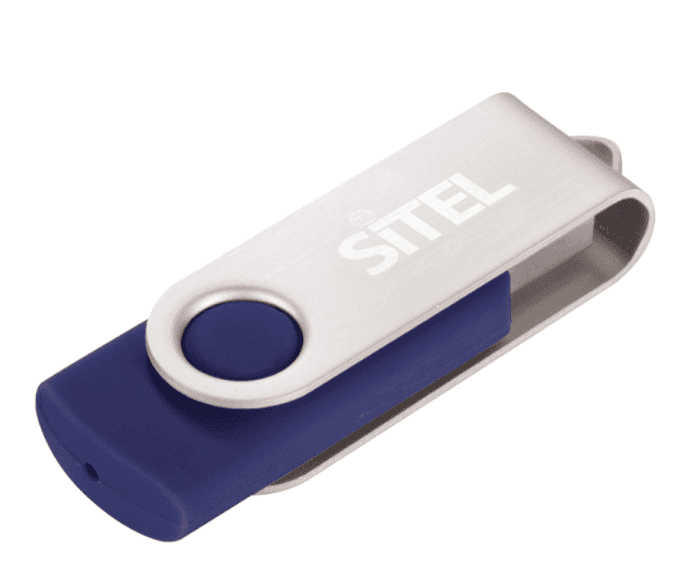 A blue and silver USB drive.
