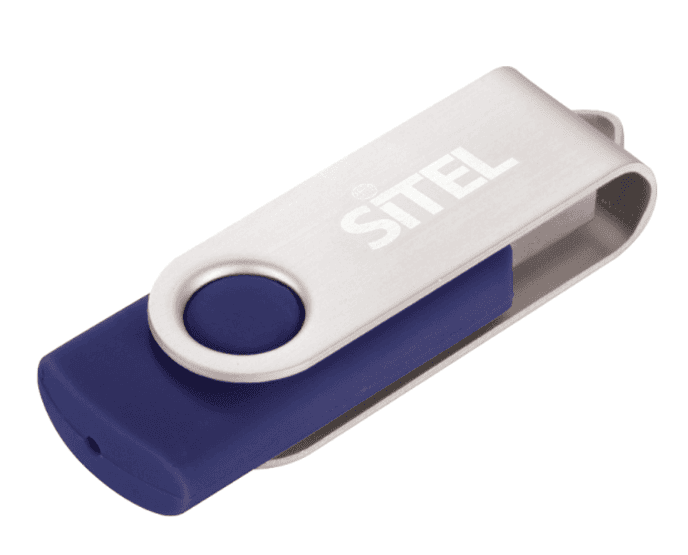 A blue and silver rotate USB drive.